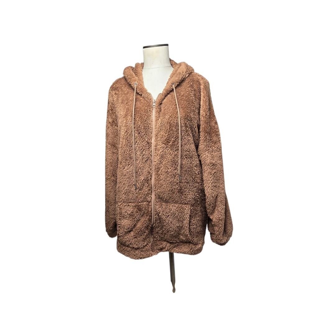 Derek Heart Faux Fur Bomber Jacket Hoodie 3X Brown